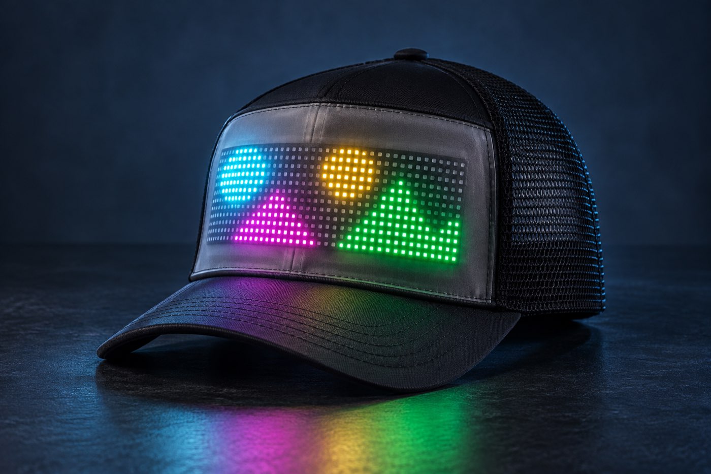 Gorra con pantalla LED encendida mostrando figuras de colores